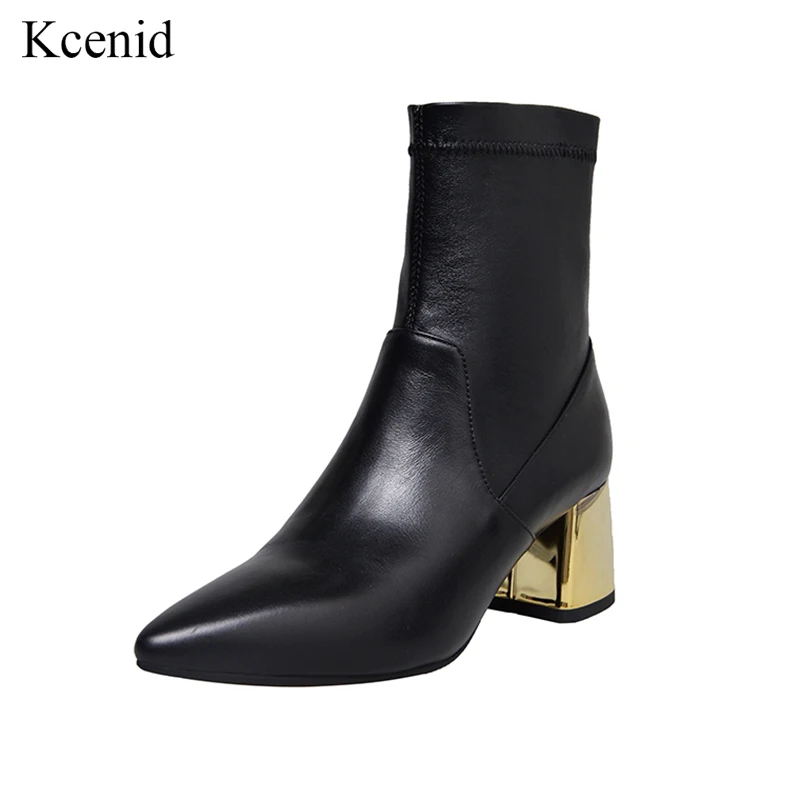 

Kcenid Gold silver high heels ankle boots women cow leather 2018 footwear autumn winter fashion pointed toe booties female shoes