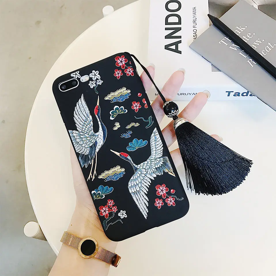 Phone Case For iPhone X 7 8 6 Covers Chinese style retro red crane Back Cases Plus 6s Capa Funda |