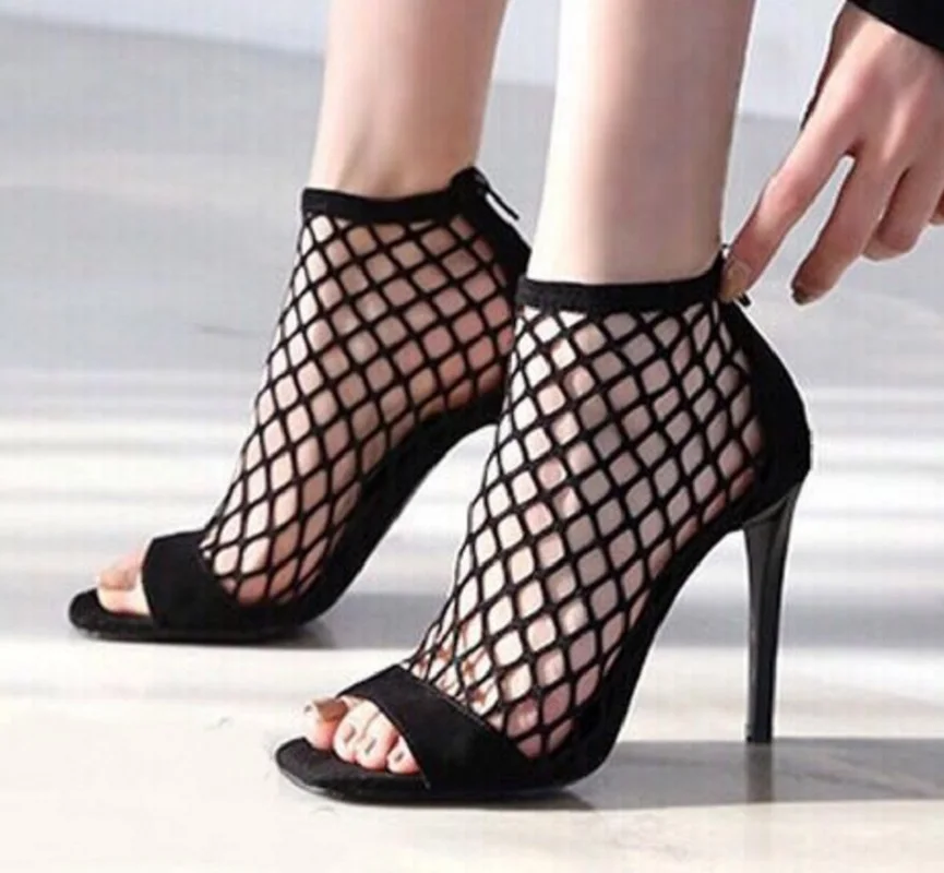 

2019 new sexy hollow mesh suede high heel fish mouth sandals women's shoes