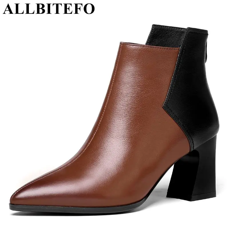 

ALLBITEFO genuine leather mixed colors high heels ankle boots women high heel shoes thick heel women boots ladies boots