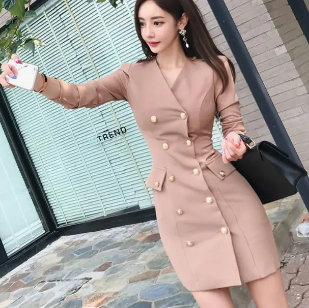 

2019 Sexy V Neck Sheath Blazer Women Office Dress Autumn Double-Breasted Long Sleeve Bodcyon Pencil Short Work Dress LJ53