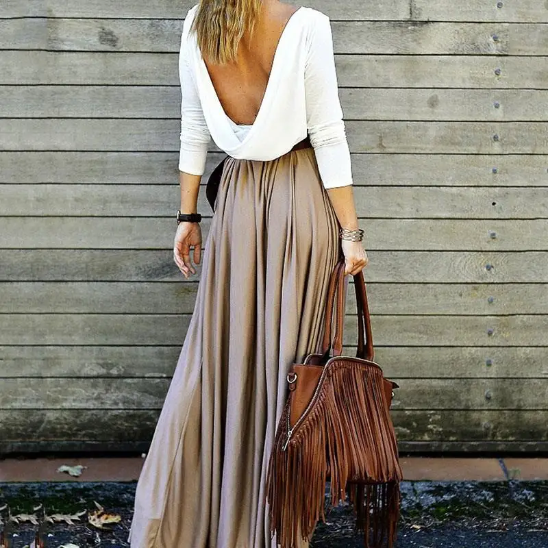 2017 Woman Fashion Splicing Backless Maxi Dress Sexy Draped Party Dresses Summer O-neck Long Sleeve Sundress womens-long-maxi-dresses : image 2017 Woman Fashion Splicing Backless Maxi Dress Sexy Draped Party Dresses Summer O-neck Long Sleeve Sundress womens-long-maxi-dresses