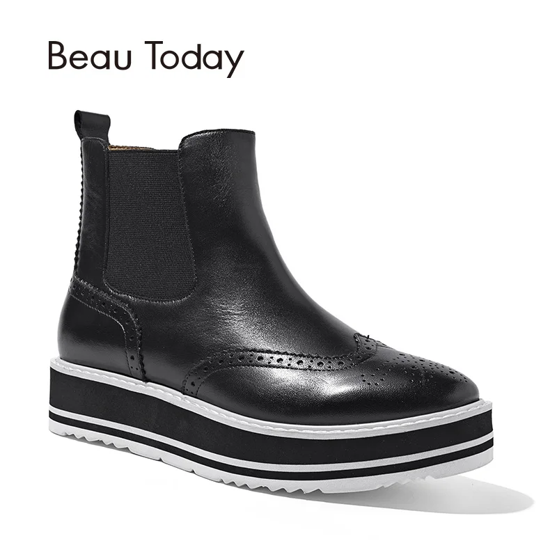 

BeauToday Chelsea Boots Women Ankle Length Square Toe Brogue Boot Genuine Calf Leather Top Brand Lady Shoes Handmade 03406