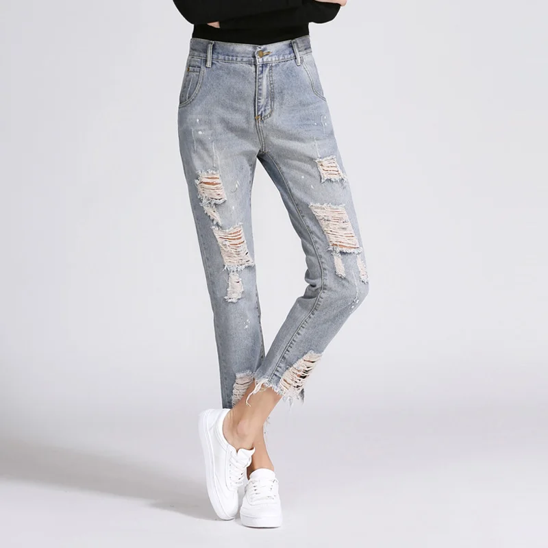 2018 летние основе джинсовые штаны Для женщин зауженные джинсы Свободные Твердые рваные отбеленные Мода Винтаж джинсы
