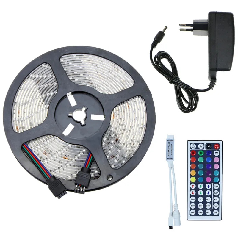 buy 5m 10m RGB LED Strip Kit SMD Waterproof Flexible Tape IP65 60leds m Rope Lighting With 44key IR Remote Controller+DC 12V Adapter