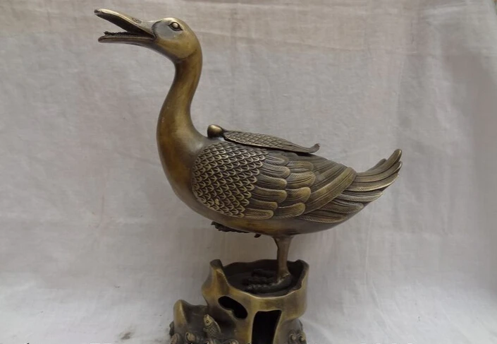 

S4481 10" Folk Chinese Pure Bronze Fish Duck Quacker Statue Incense Burner Censer D0317