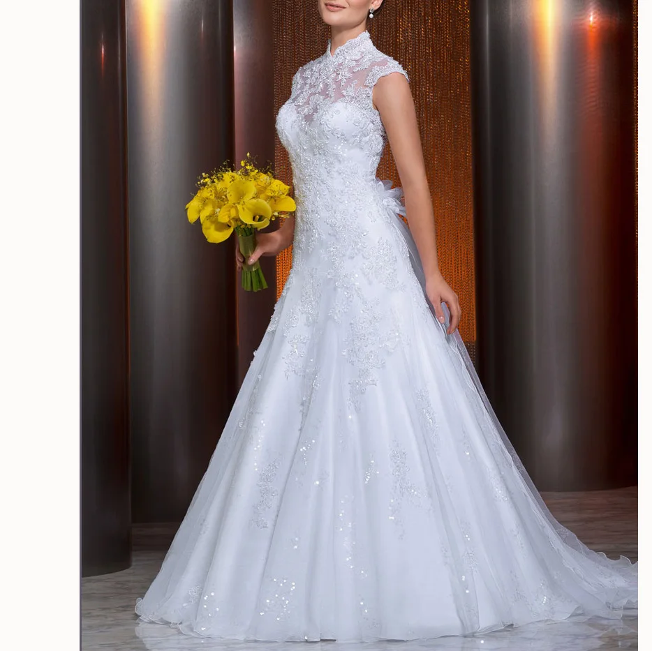 

Bridal Gown For Women Short Sleevs High Lace Court Train Ball Gown Custom-Made Wedding Dress Party 2019