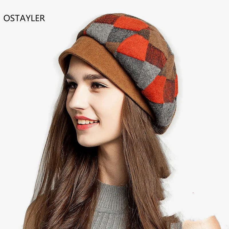 Winter Women Plaid Beret Hat For Women Elegant Warm Wool Felt Berets