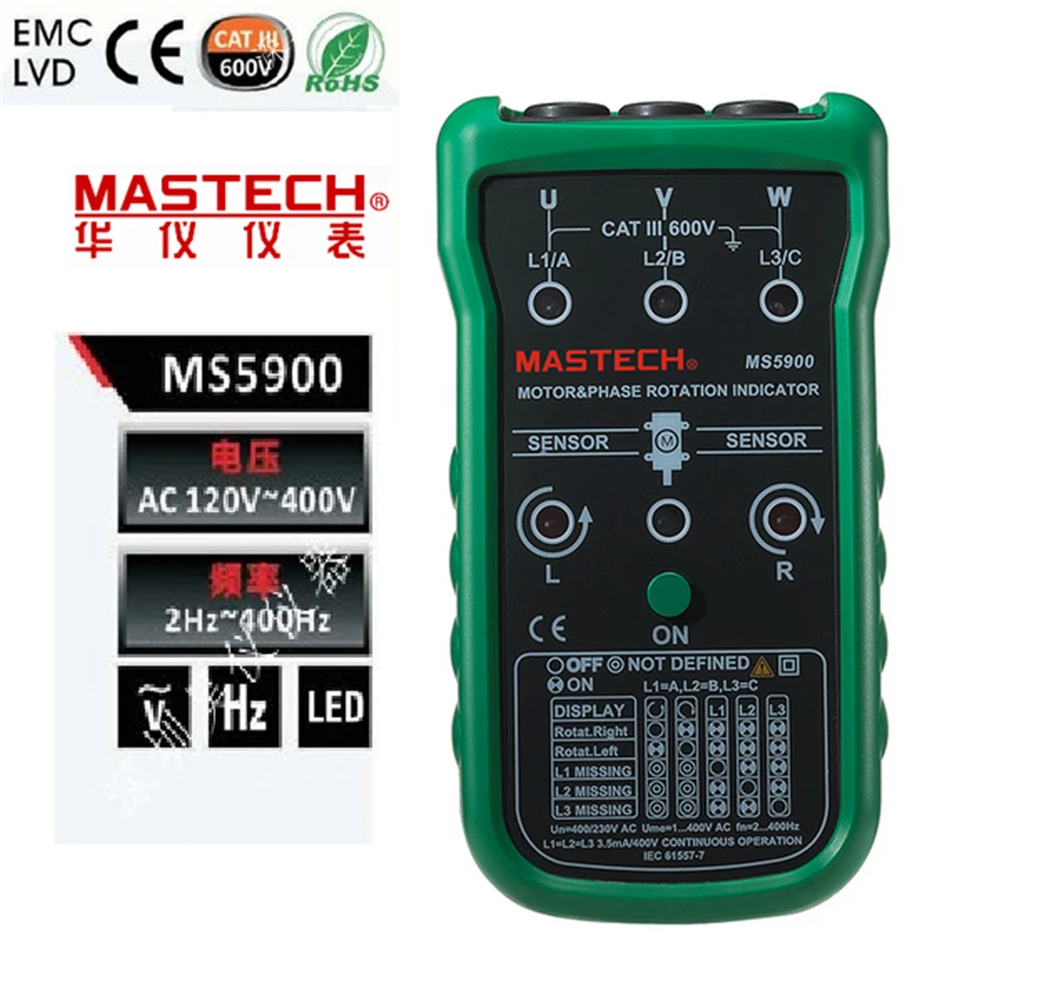 

MASTECH MS5900 3 Motor Meter Sequence Tester LED Field Rotation Phase Indicator