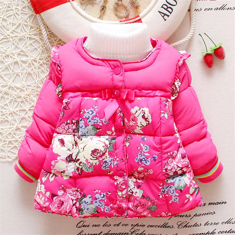 BibiCola New Cute Baby Winter Jackets Kid Baby Girl Floral Long Sleeve Coat Outerwear fashion parkas child clothes warm coat