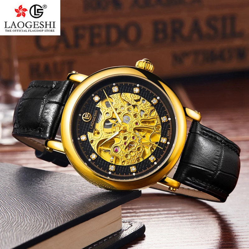 

LAOGESHI 5005 gold hollow mechanical men's watch leather strap waterproof business gentleman watch 2019 top brand luxury