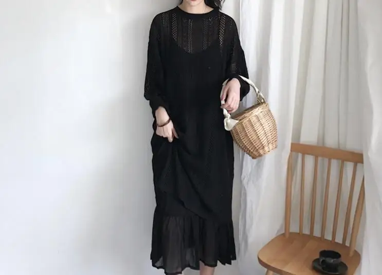 Summer Fashionable Korean Style Two Pieces Female Dress Chic Hollow Out Solid Knitting Blouse All-match Spaghetti Strap Dress6