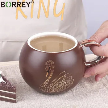 

BORREY Creative Ceramic Cup Porcelain Cute Unique Coffee Mugs Gold Handle Swan Cup Belly Mug Hand Painted Round Mug Tea Milk Cup