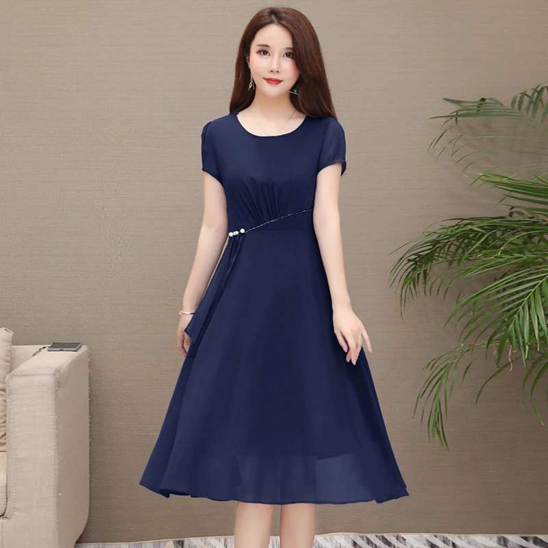 

M-5XL Women's Chiffon Dress Summer 2019 New Fashion Elegant Patchwork Pearls Draped Short-sleeve Mid-length Loose Dress Female