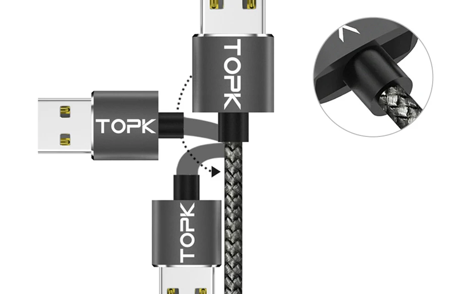 TOPK AM17 2 м светодиодный магнитный USB кабель для iPhone Xs Max Micro usb type C кабель samsung Плетеный телефонный кабель Магнитный зарядный провод