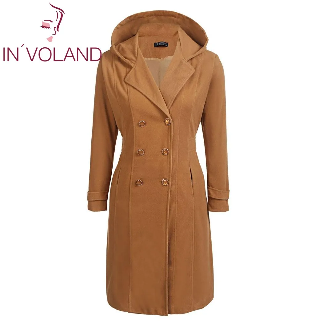

IN'VOLAND Plus Size XL-5XL Women Wool Blends Coat Winter Fashion Hooded Slim Long Sleeve Large Double-breasted Jacket Big Size