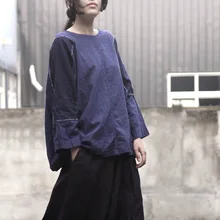 Винтаж свободные Заниженные плечевые лоскутное рукав "летучая мышь" из хлопка и льна футболка Демисезонный Новинка Дамы Темно-синие футболки