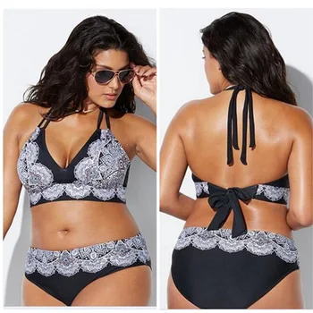 

NODELAY New Plus Size Bikini Set Retro Printed Swimsuit High Waist Women Swimwear 2019 Large Halter Bikinis Female Swim Wear 4XL