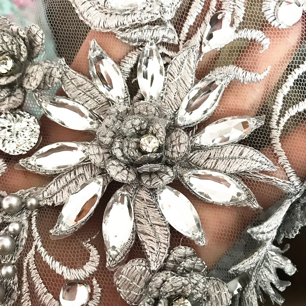 Серый 25x38 см платье с декоративной отделкой одежда пришить серебряные стразы цветок кружево отделка шитье для вечера Аппликация дизайнер патч Diy