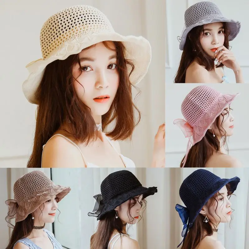 

Ladies Handmade Knitted Foldable Straw Floppy Sun Hat Bowknot Ribbon Solid Color Cotton Linen Wide Wavy Brim Beach Bucket Cap