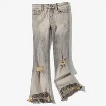 Летние весенние повседневные женские рваные нестандартные расклешенные джинсы с кисточками, осенние женские потертые Стрейчевые джинсовые брюки