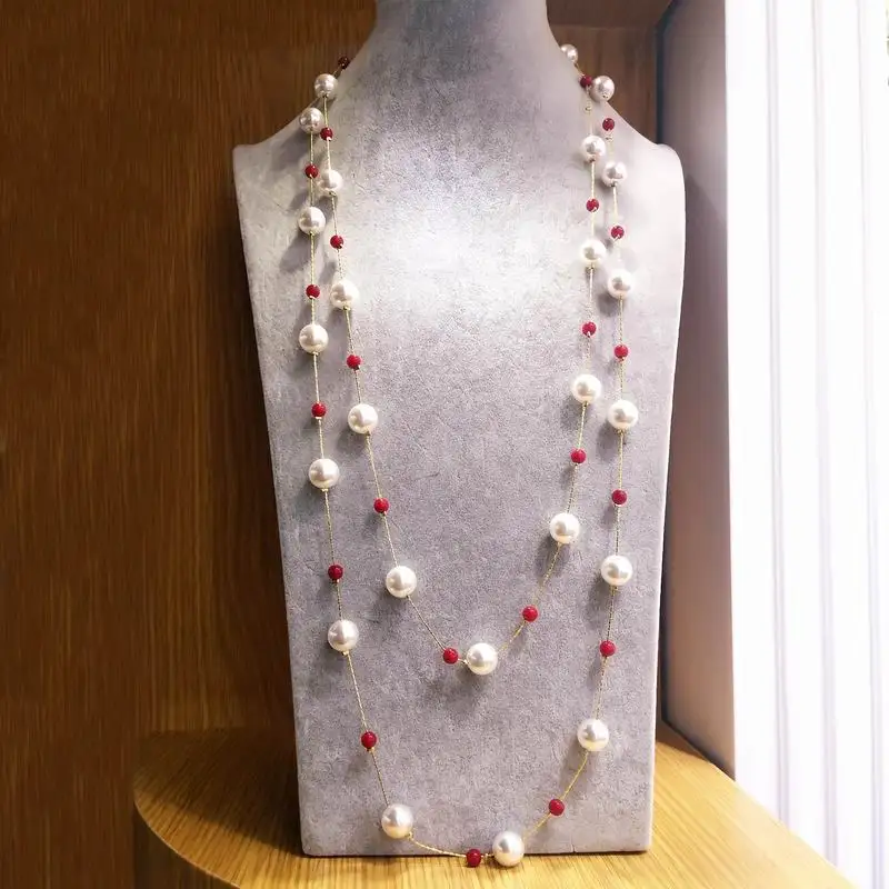 Многослойное женское ожерелье с искусственным жемчугом, белое, Красное длинное ожерелье с бусинами, цепочка на свитер, новые модные ювелирные изделия, аксессуары для платья