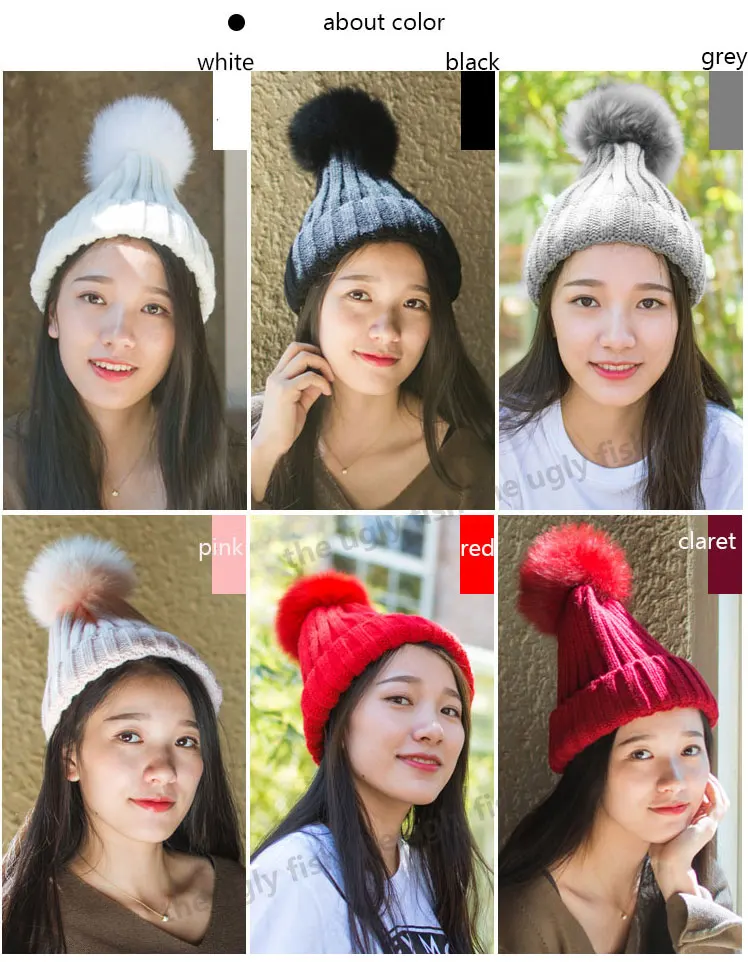 Winter fur pompom hat for women fur hat pom pom hat fur pom poms beanie women bobble hat (12)
