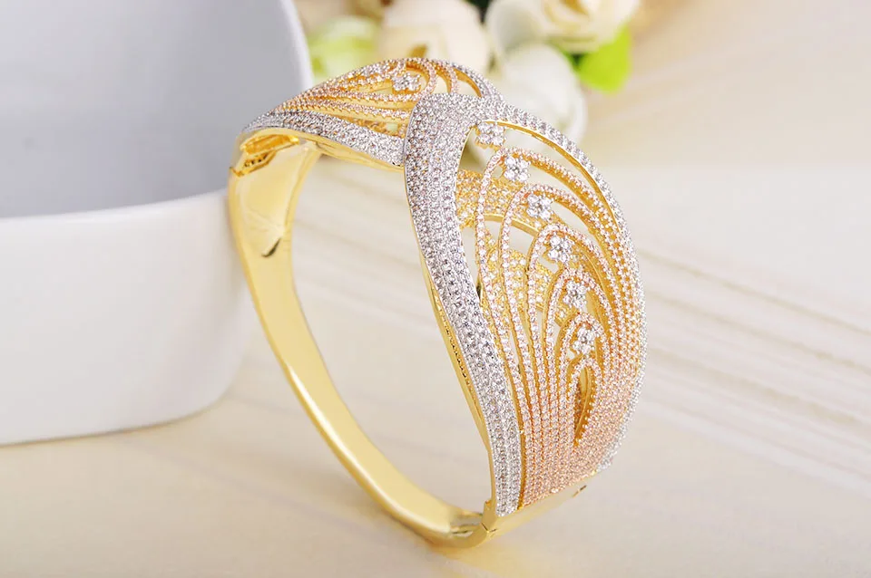 Dazz великолепный два слоя текстуры дизайн широкий браслет кольцо три тона цвета полный Циркон наборы для женщин свадебный банкет Медь Ювелирные изделия