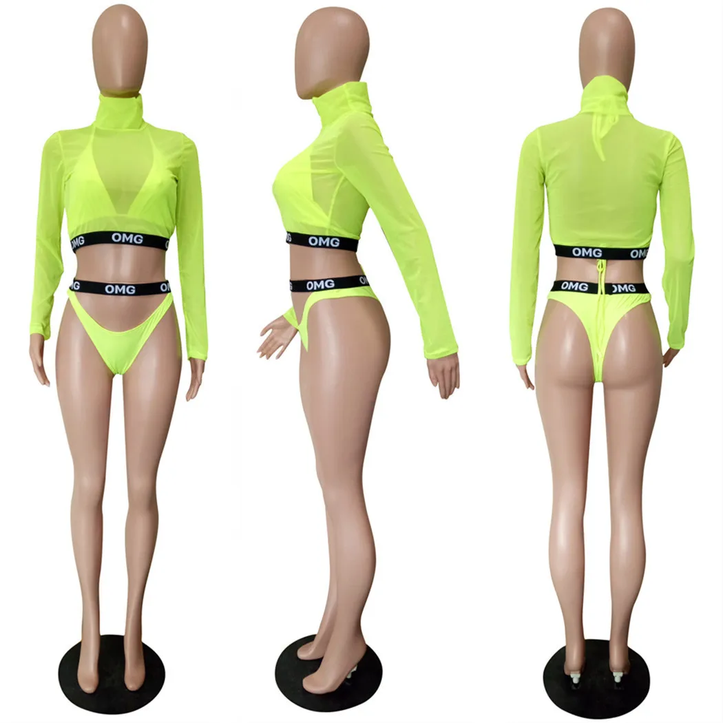 ANJAMANOR/женский Пляжный наряд из 3 предметов, летний сексуальный бикини из трех элементов, комплект с сеткой, укороченный топ, шорты