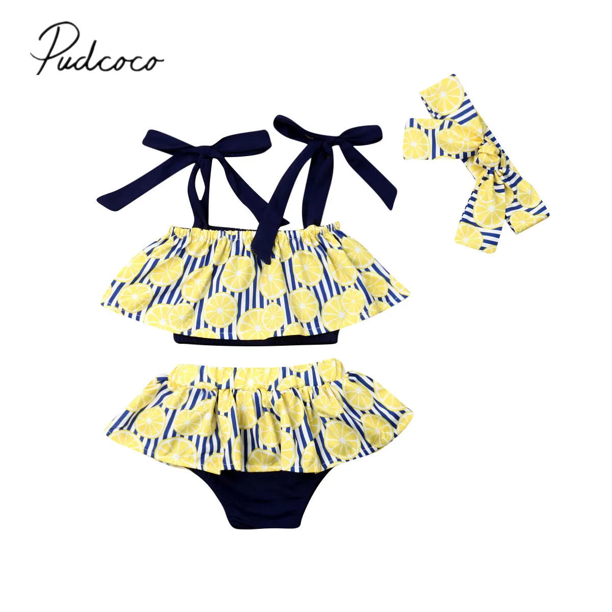 2019 Baby Summer Clothing Kid Girl Sleeveless Belt Lemon Stripe Sling Vest Tops Tutu Shorts Headband 3PCS Clothes Sets 0-3Y | Детская