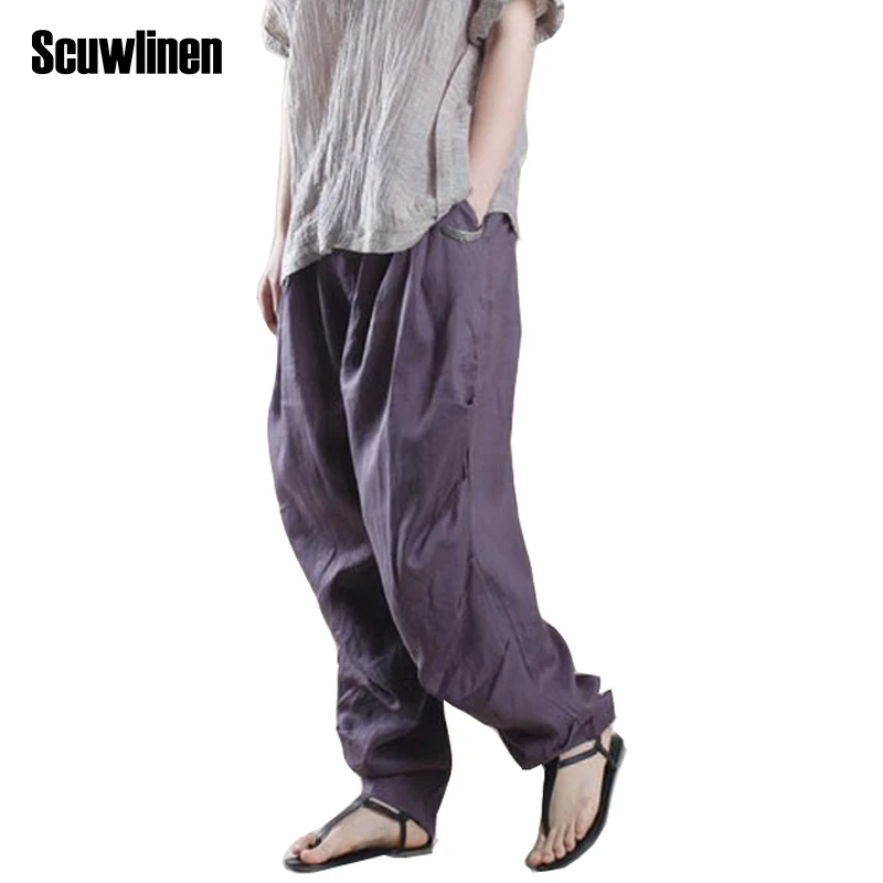 Женские льняные шаровары SCUWLINEN Свободные плиссированные однотонные брюки с широкими штанинами