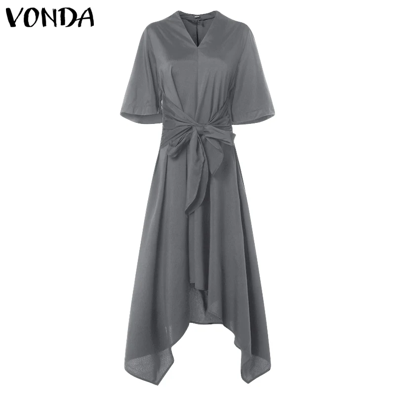 VONDA летнее платье женское длинное Макси платье с коротким рукавом сексуальное винтажное асимметричное платье с v-образным вырезом и высокой талией вечерние платья размера плюс - Цвет: Grey