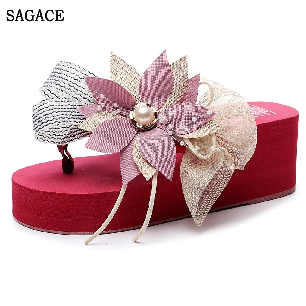 

SAGACE Women Girls Floral Wedges Bohemian Style Flip Flops Sexy High Quality Outsid Ladies High Heel Shoes Slippers Beach Shoes