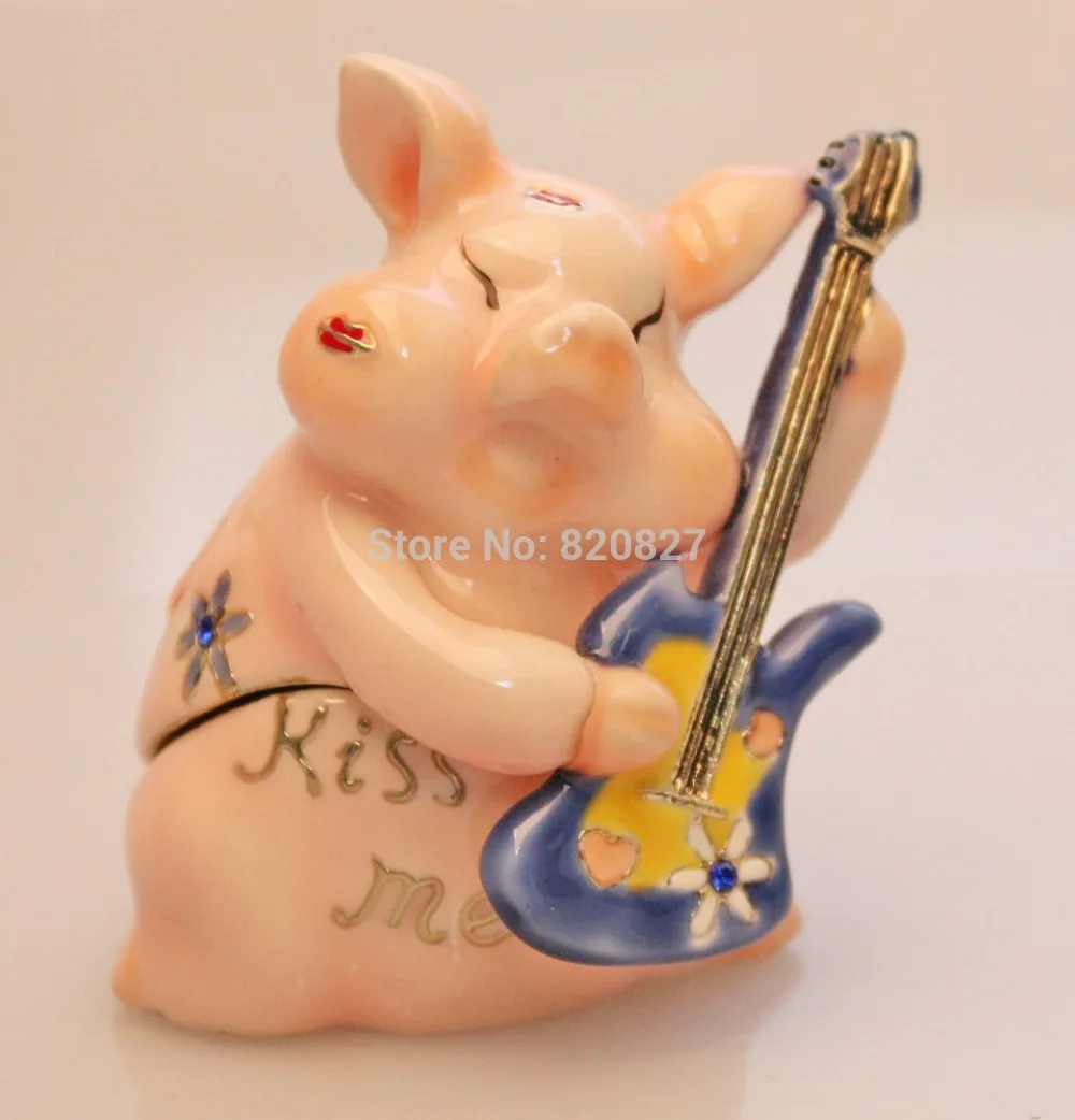 Pink Pig Playing Guitar Trinket Ring Jewelry Box Lovely Metal Pig Box Crafts Birthday Gifts