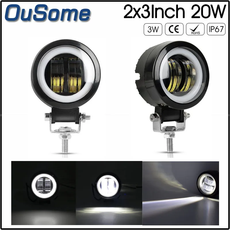 

New Type 2 pieces round 3 INCH 20W Auto Led Work Light Motorcycle Led Bar Offroad Angel Eye High Power Waterproof white red blue