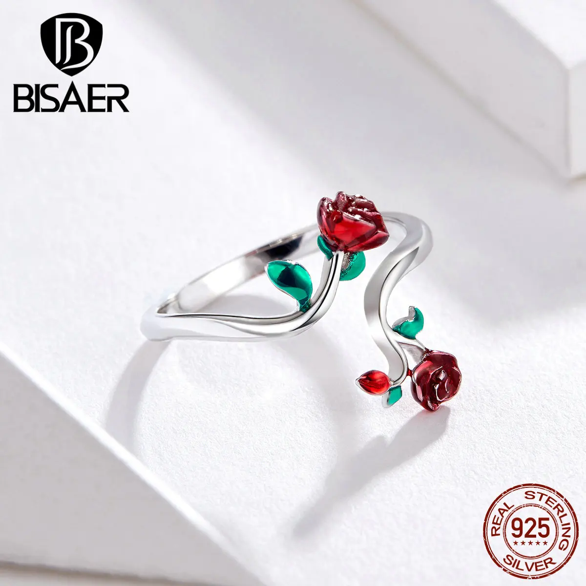 BISAER, 925 пробы, Серебряная роза, цветок, кольца, роза на палец, регулируемые, открытый размер, кольца на палец для женщин, серебряные ювелирные изделия EFR051