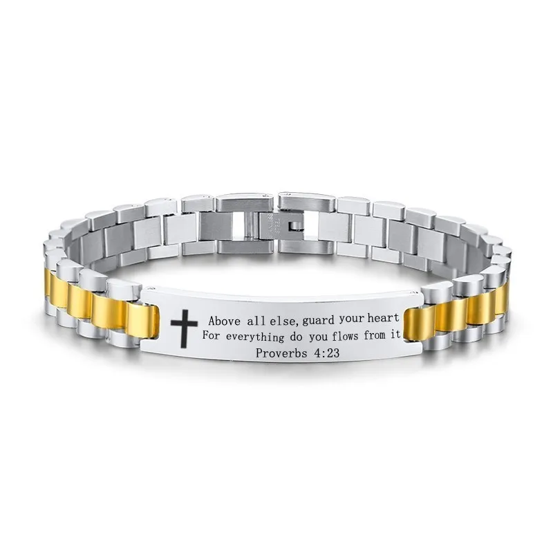 Vnox Mens Cross Bracelet Religious ID Chain Bangle with Bible Verse Christian Gifts for Church Personalized Custom Jewelry - Окраска металла: KT-517