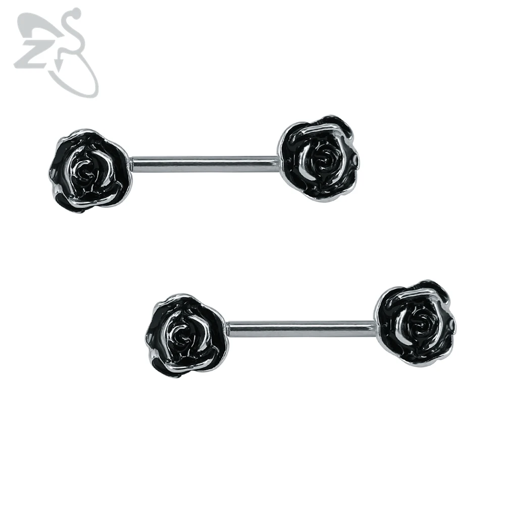 Black Rose Flower Nipple Piercing High Quality 14G Stainless Steel