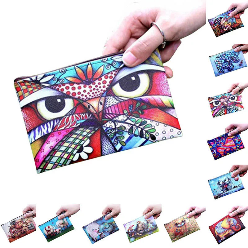 

Fashion Women Coin Purse PU Clutch Bag Cartoon Animals Elephant Owl Giraffes Deer Graffiti Lady Girl Wallet Portomonee OH66