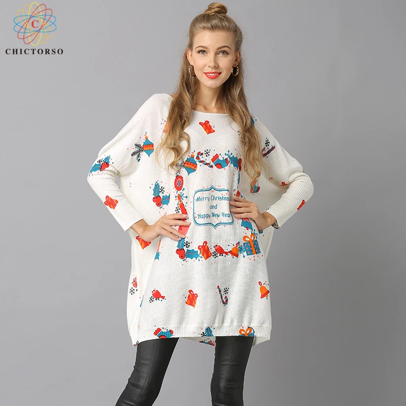 

Chictorso New Loose Fit Women Christmas Sweater Dress White Casual Long Sleeve Print Sweaters Pullover Girls Slouchy Jumpers