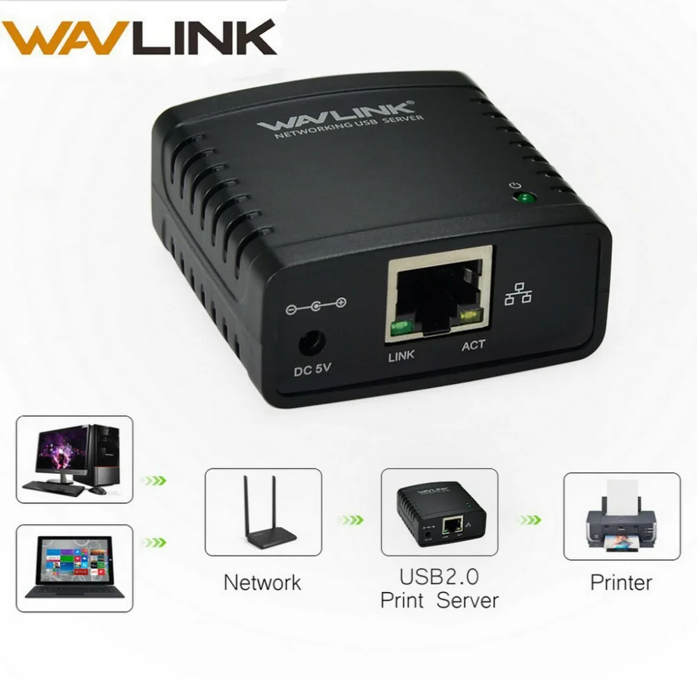 Wavlink USB 2,0 сети LRP Сервер печати концентратор 100 Мбит/с поделиться LAN сетевое оборудование принтеры адаптеры питания для оконные рамы EU/US/UK plug