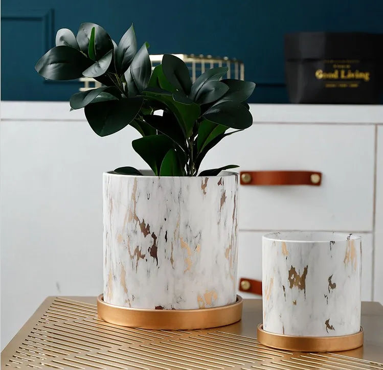 Керамическая мраморная текстура в скандинавском стиле цилиндрической формы цветочный горшок для дома креативная мебель для рабочего стола Художественный Цветочный Горшок