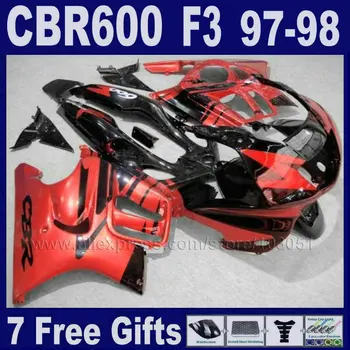 

red customize free ABS fairing kits for Honda 97 98 CBR 600 F3 1997 1998 CBR600F3 black motorbike fairing fairings Tank cover