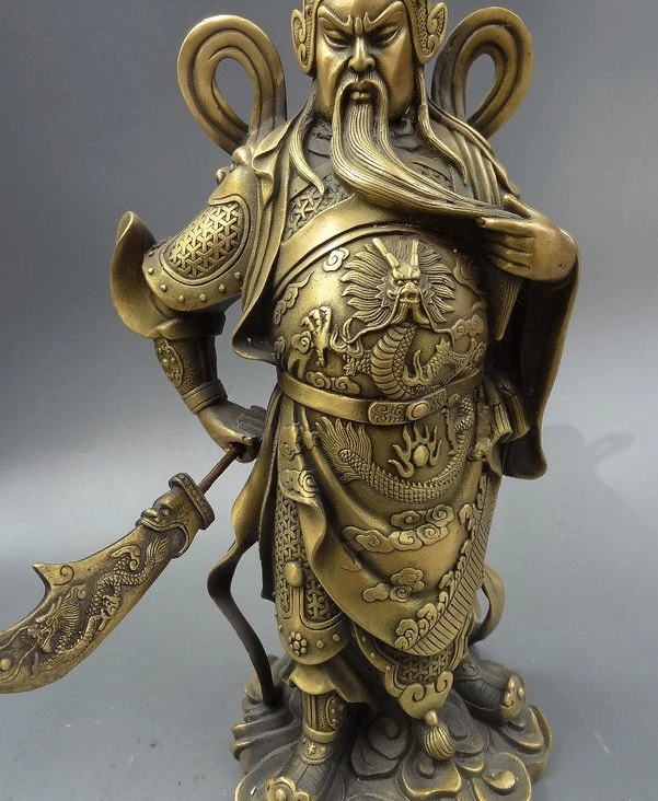 

14" Chinese Bronze Copper Hero Dragon GuanGong GuanYu Warrior God Sword Statue