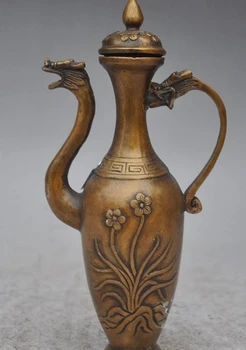 

7" chinese fengshui brass dragon head statue flower Wine Tea Pot Flagon Teapot