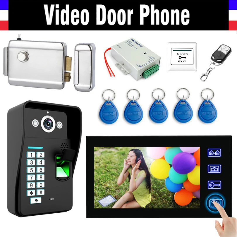 Wired 7\ Touch Video Door Phone Intercom Doorbell Kits Fingerprint ID Keyfobs password keypad Electronic Door Lock Doorphone