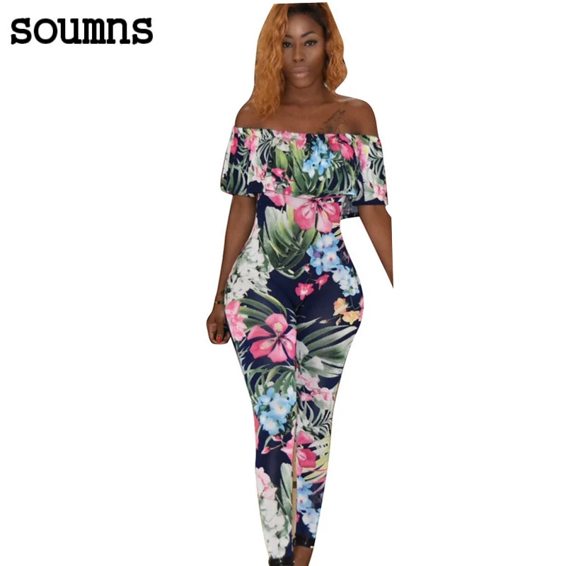 Soumns 2018 Print Jumpsuit Slash Hals Romper Bodysuit Vrouwen Bloemen