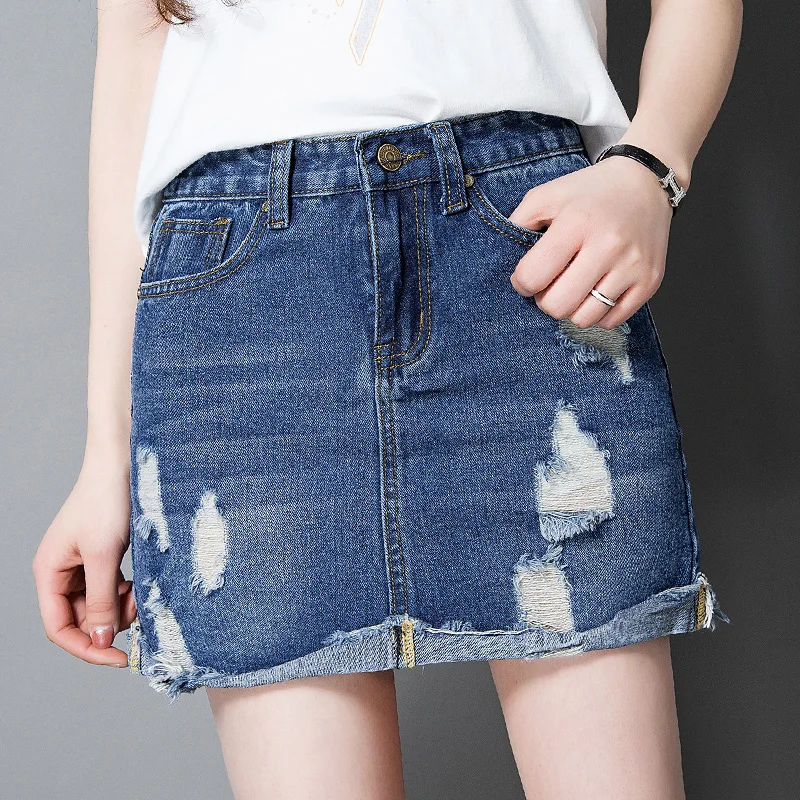 

CTRLCITY On sale 2018 summer Womens ladies A-line Pencil Jeans Skirt Denim hollow out Short hole feminino sweet girl skirts