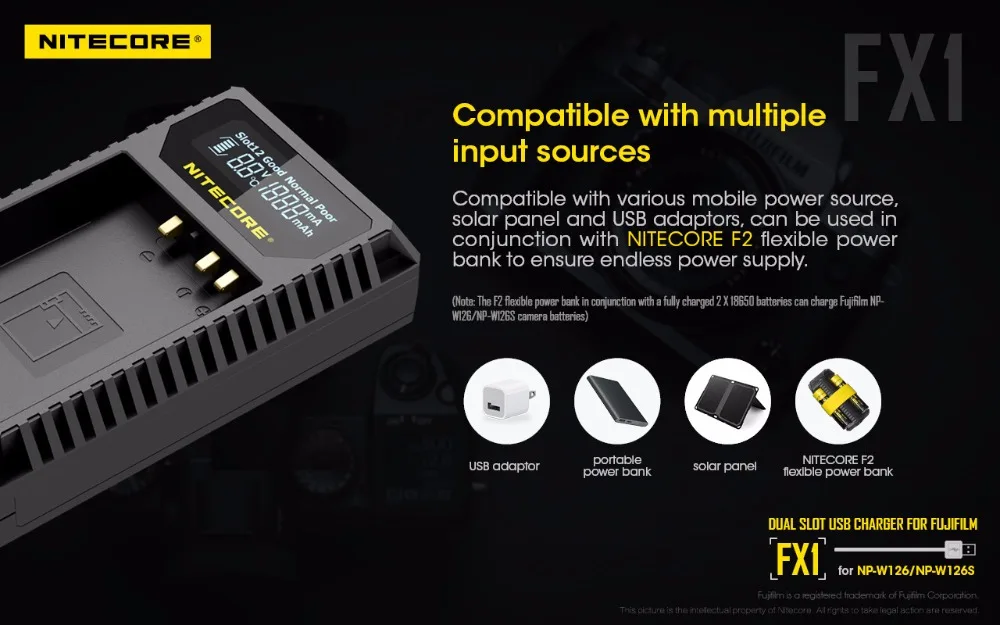 Nitecore FX1 двойной слот USB Зарядное устройство для ЖК-дисплея с подсветкой Fujifilm NP-W126 NP-W126S Камера Батарея X-Pro1 X-T1 XE1 XE2 XA1 XA2 XM1 HS30 X-T2 X-E2S