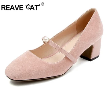 

REAVE CAT 2019 New arrive Spring summer Shoes woman High heels Round toe Flock Pearl Female mujer Big size 33-43 Nude Cute A1648